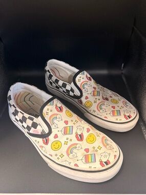 Vans Slip-On Sneakers — Rainbow Icons with Black & White Checkerboard.  Size 7
